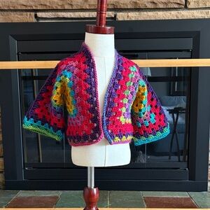 Handmade Multicolor Crochet Kids Cape Jacket - Vibrant Colorblock